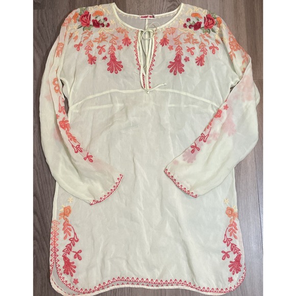 Johnny Was Womens Embroidered Tunic Top Flowers Pale Yellow Size Small - Picture 5 of 11